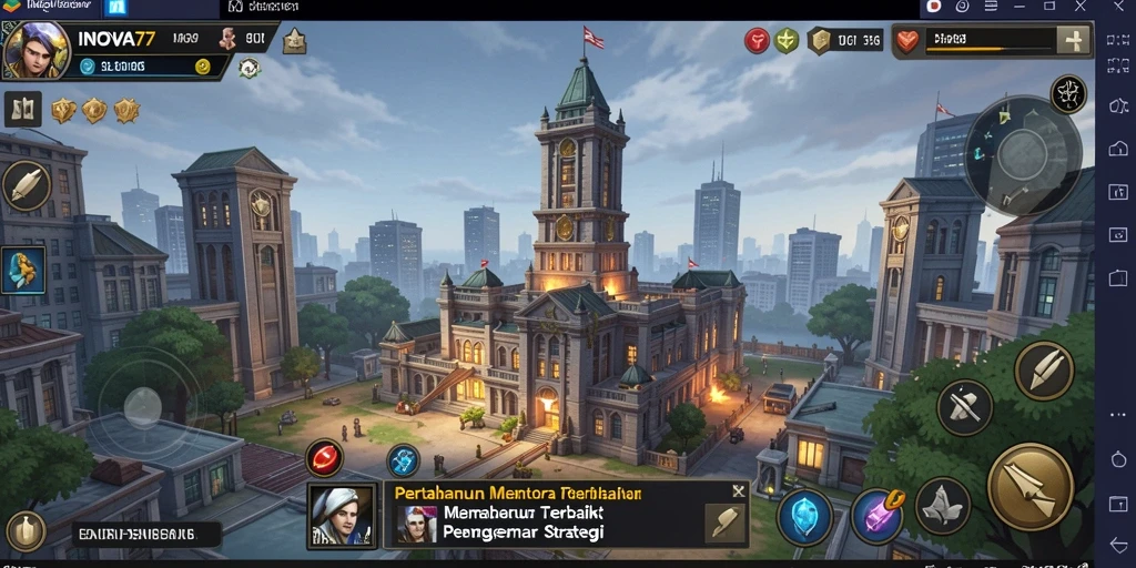 Screenshot gameplay INOVA77 yang menunjukkan menara dan serangan musuh.
