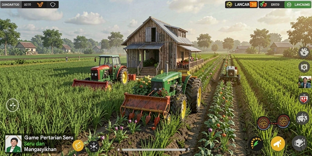 Tangkapan layar gameplay <strong>LANCAR138</strong> yang menampilkan ladang subur dan hewan ternak.
