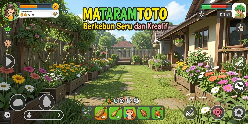 Tampilan gameplay MATARAMTOTO dengan kebun yang luas dan hewan peliharaan.