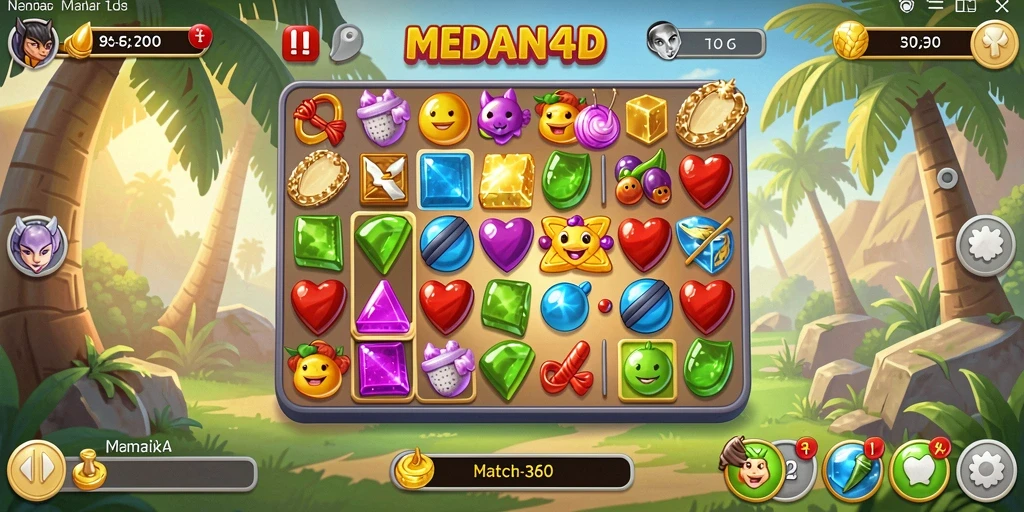 Tampilan gameplay Match-3 yang menarik dan penuh warna.