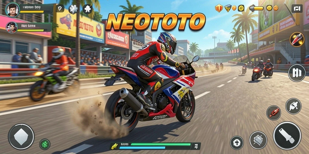 Gameplay NEOTOTO menampilkan balapan motor yang intens dan seru.